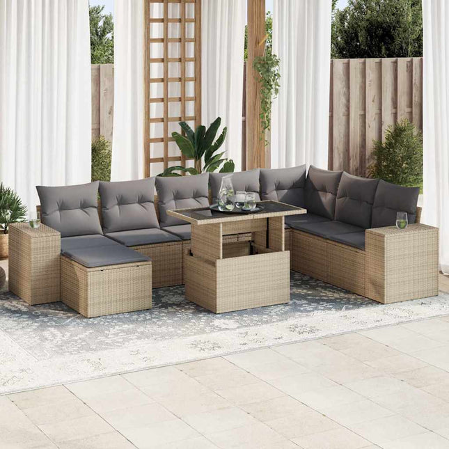 9-delige Loungeset met kussens poly rattan beige