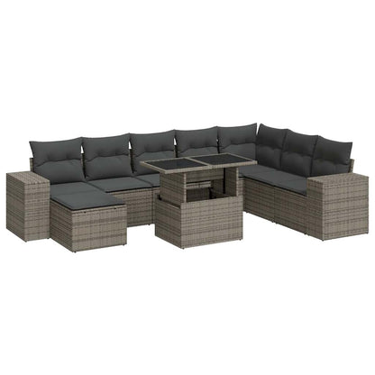 9-delige Loungeset met kussens poly rattan grijs