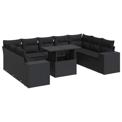10-delige Loungeset met kussens poly rattan zwart
