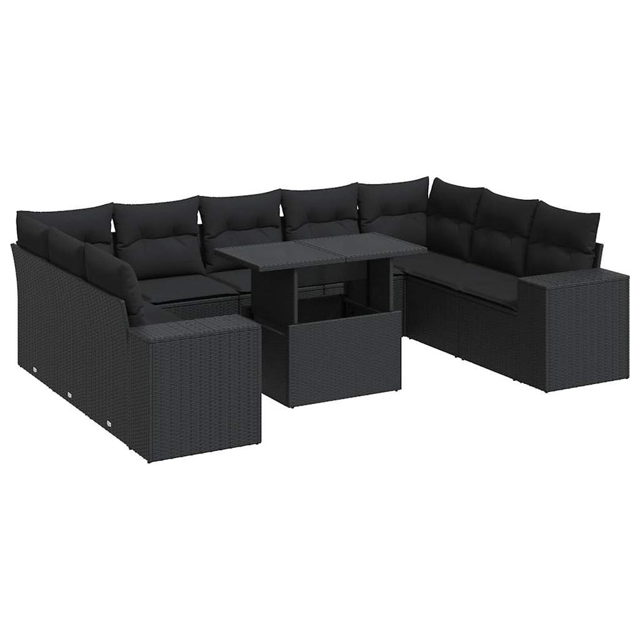 10-delige Loungeset met kussens poly rattan zwart