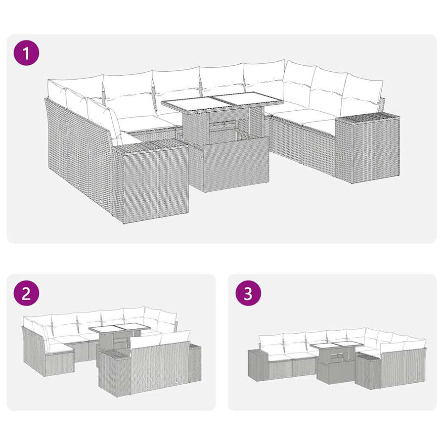 10-delige Loungeset met kussens poly rattan zwart