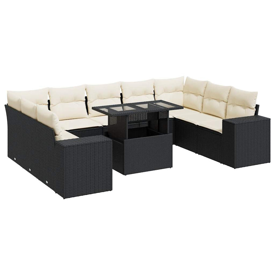 10-delige Loungeset met kussens poly rattan zwart
