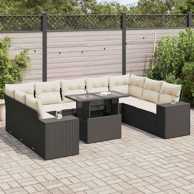 10-delige Loungeset met kussens poly rattan zwart