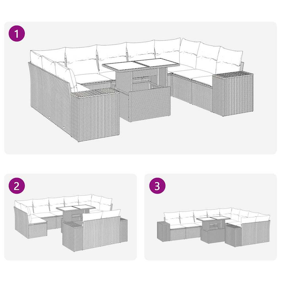 10-delige Loungeset met kussens poly rattan acacia zwart