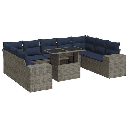 10-delige Loungeset met kussens poly rattan acacia grijs