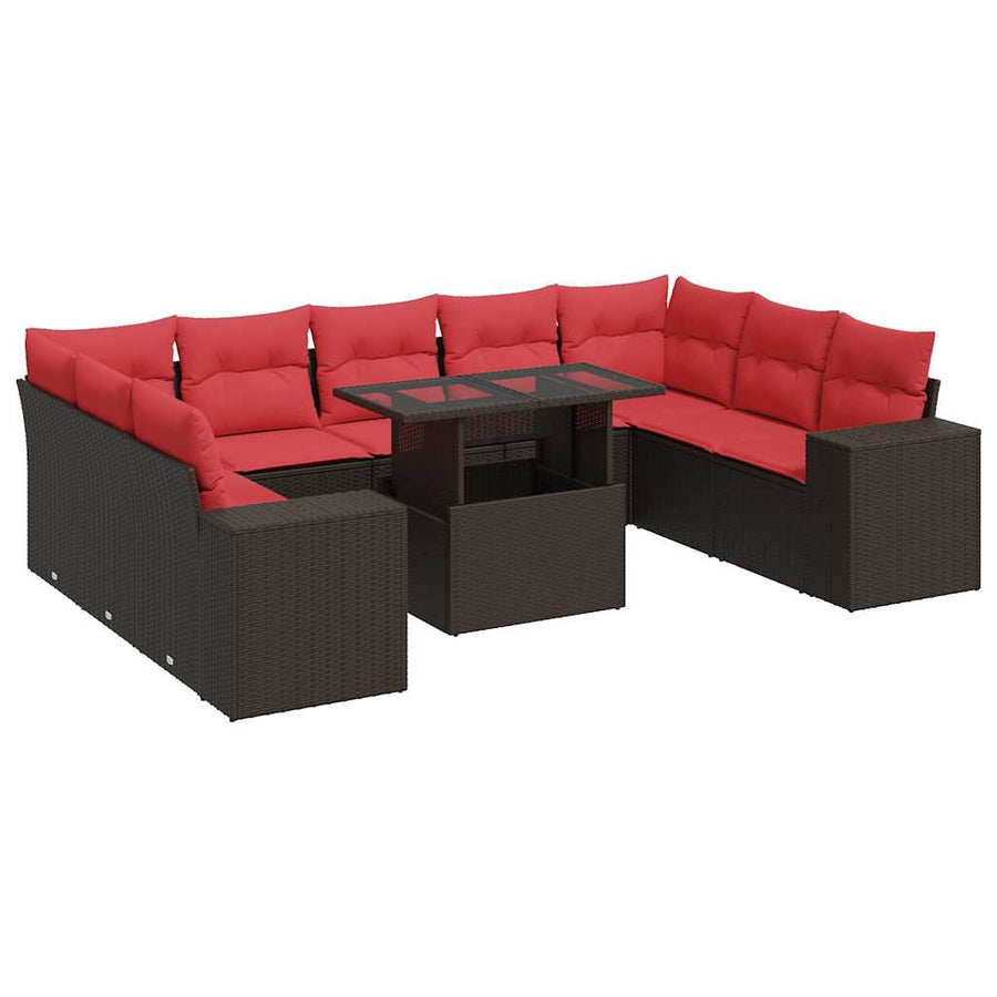 10-delige Loungeset met kussens poly rattan acacia bruin