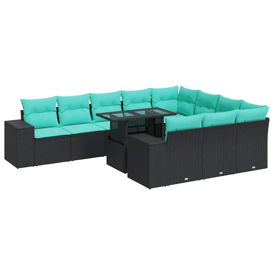 11-delige Loungeset met kussens poly rattan acacia zwart