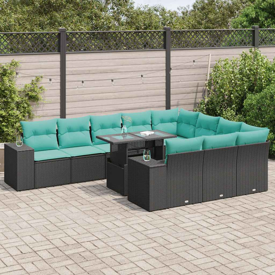 11-delige Loungeset met kussens poly rattan acacia zwart