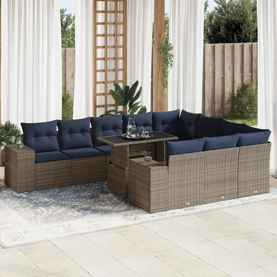 11-delige Loungeset met kussens poly rattan acacia grijs