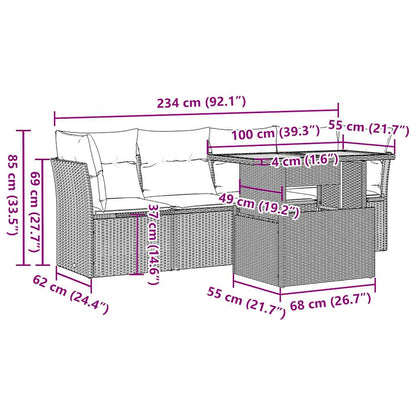 5-delige Loungeset met kussens poly rattan zwart