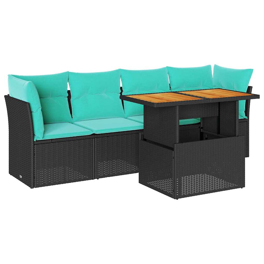 5-delige Loungeset met kussens poly rattan zwart