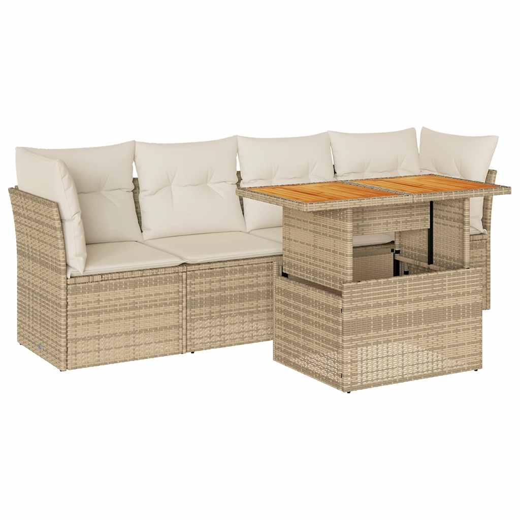 5-delige Loungeset met kussens poly rattan beige