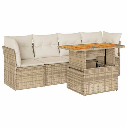 5-delige Loungeset met kussens poly rattan beige