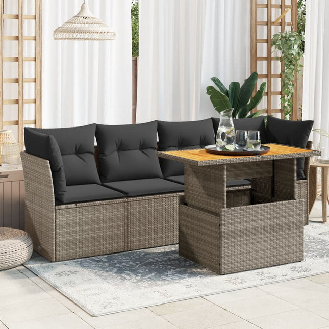 5-delige Loungeset met kussens poly rattan grijs