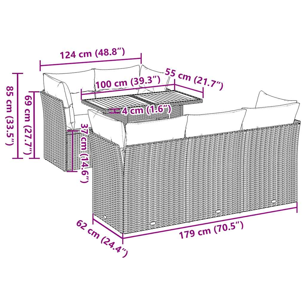6-delige Loungeset met kussens poly rattan zwart