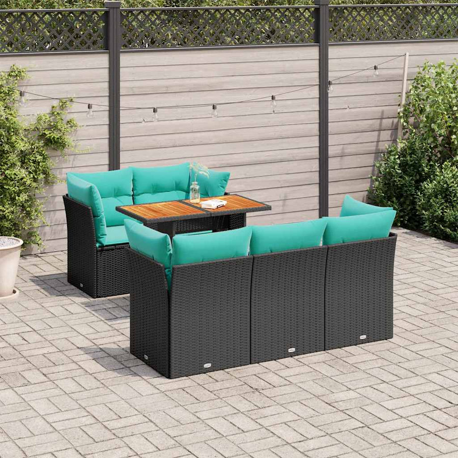6-delige Loungeset met kussens poly rattan zwart