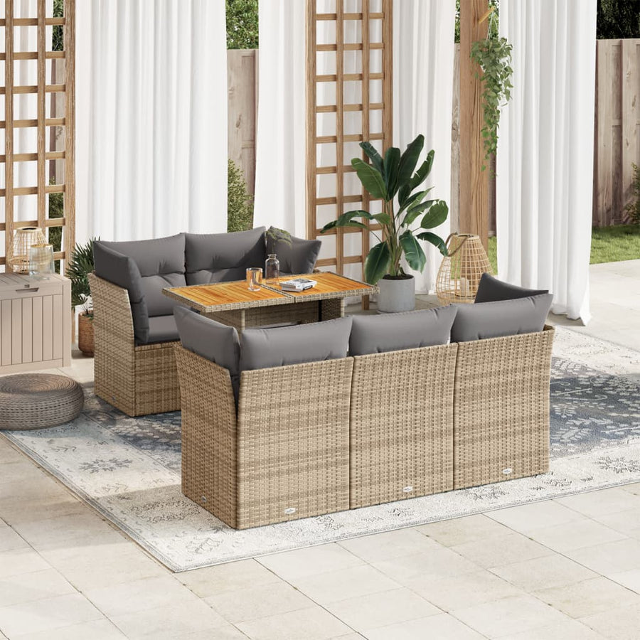 6-delige Loungeset met kussens poly rattan beige