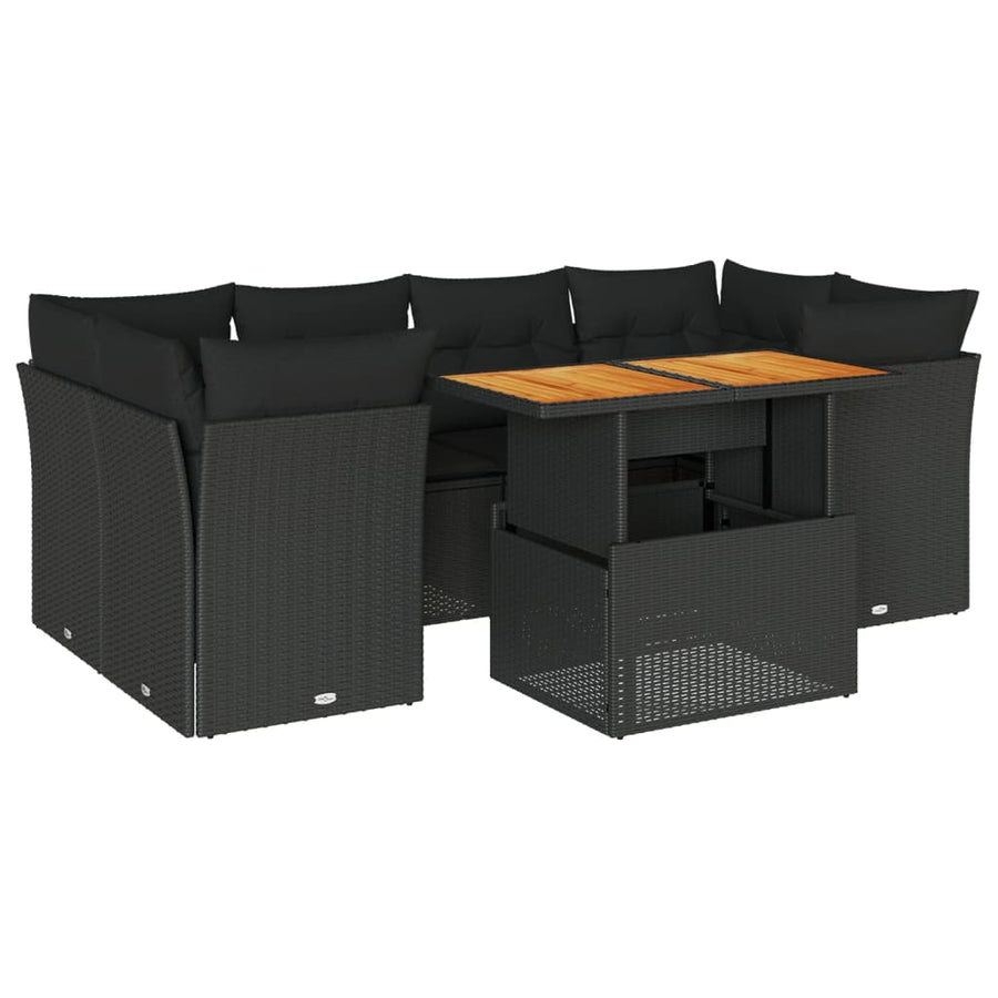 7-delige Loungeset met kussens poly rattan zwart
