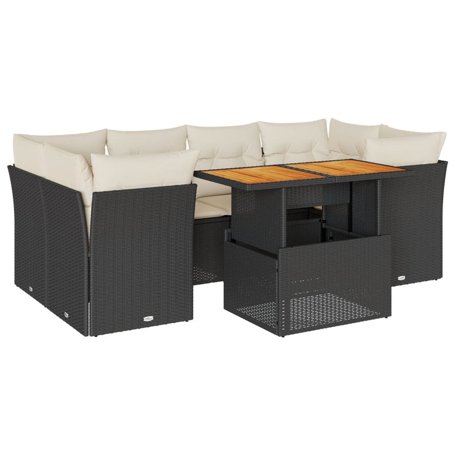 7-delige Loungeset met kussens poly rattan zwart