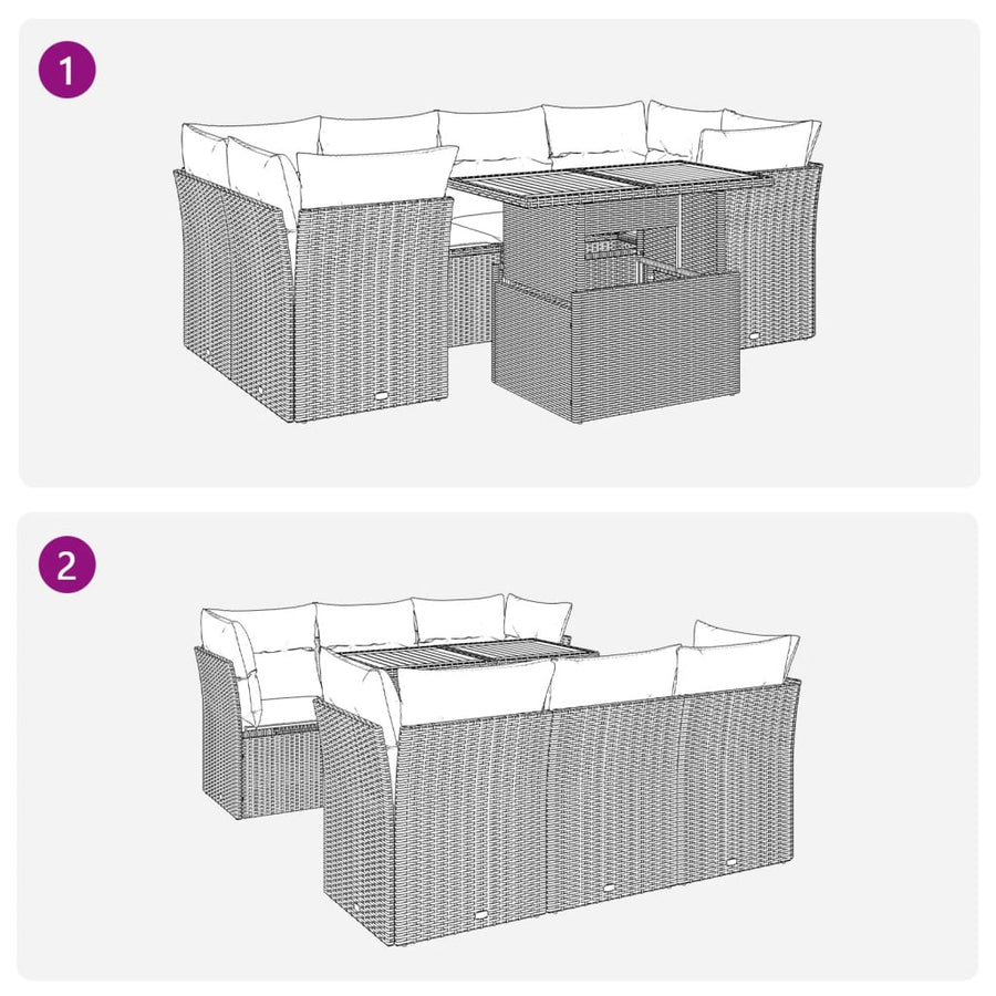 7-delige Loungeset met kussens poly rattan zwart