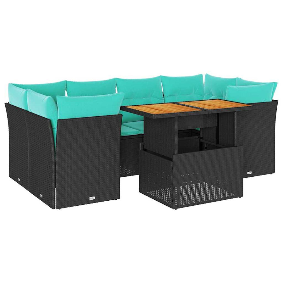 7-delige Loungeset met kussens poly rattan zwart