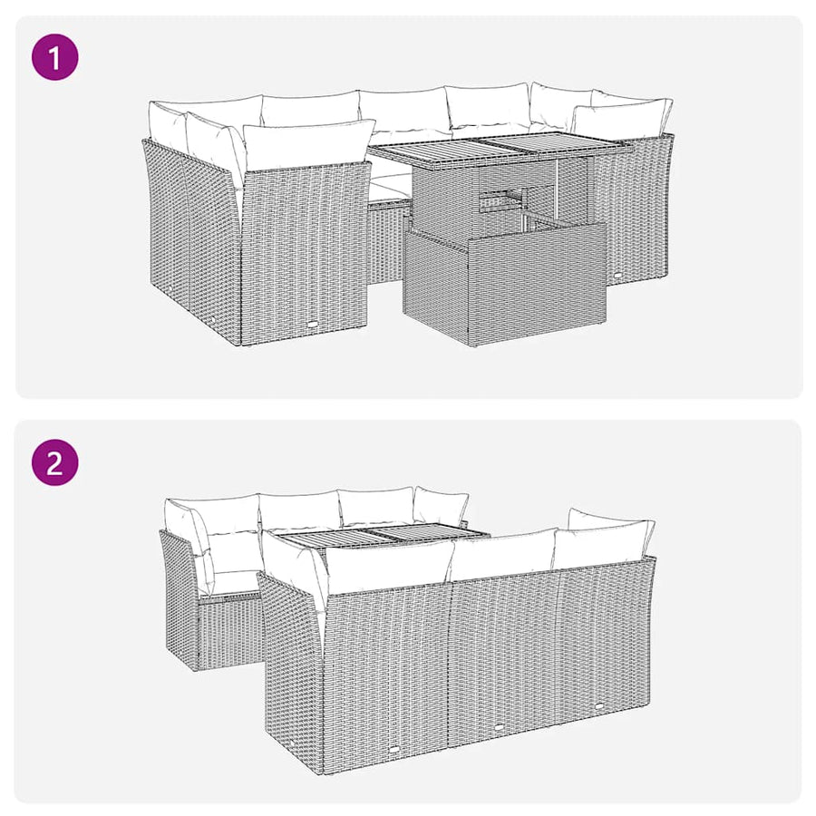7-delige Loungeset met kussens poly rattan zwart