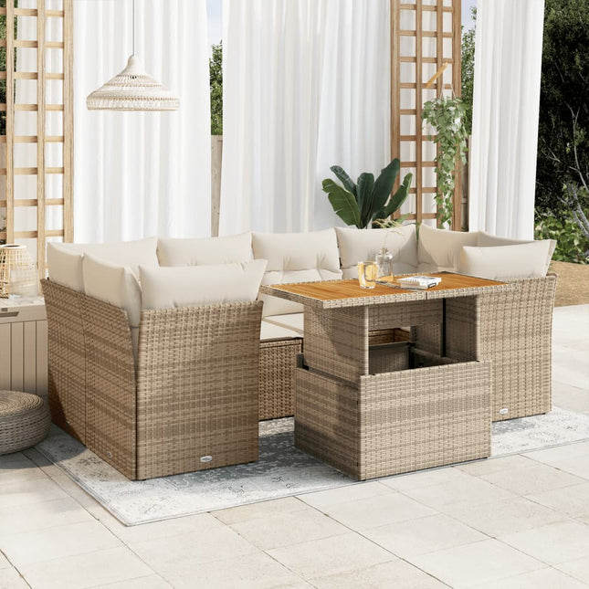 7-delige Loungeset met kussens poly rattan beige