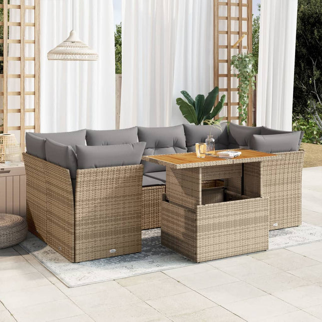 7-delige Loungeset met kussens poly rattan beige