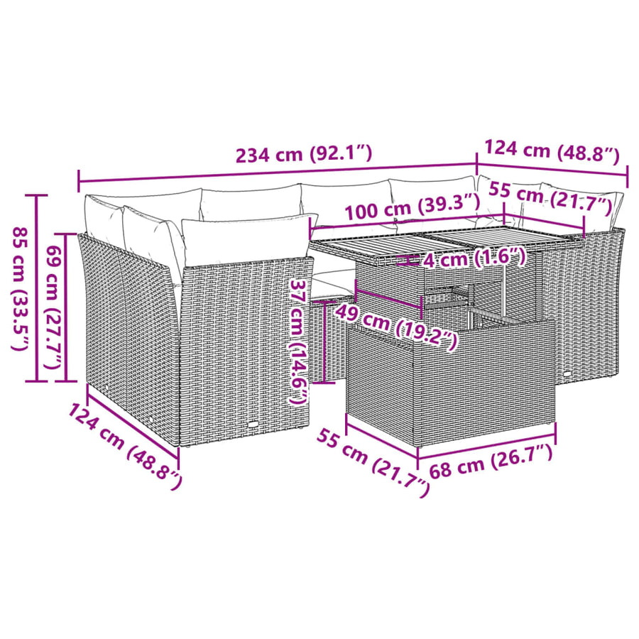 7-delige Loungeset met kussens poly rattan grijs