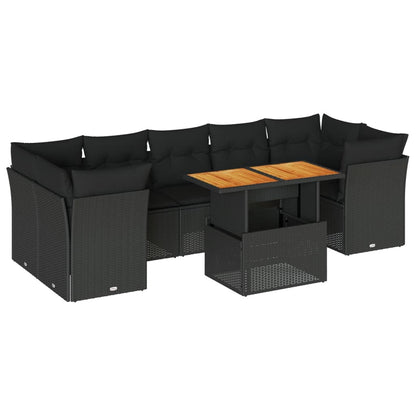 8-delige Loungeset met kussens poly rattan zwart