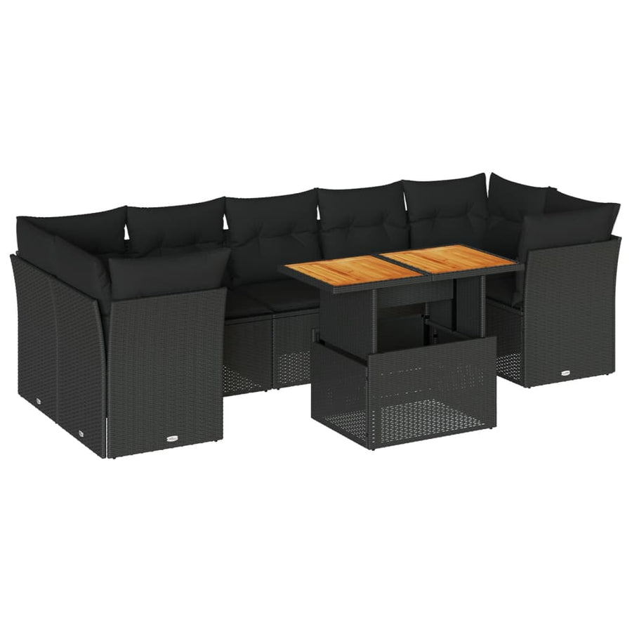 8-delige Loungeset met kussens poly rattan zwart