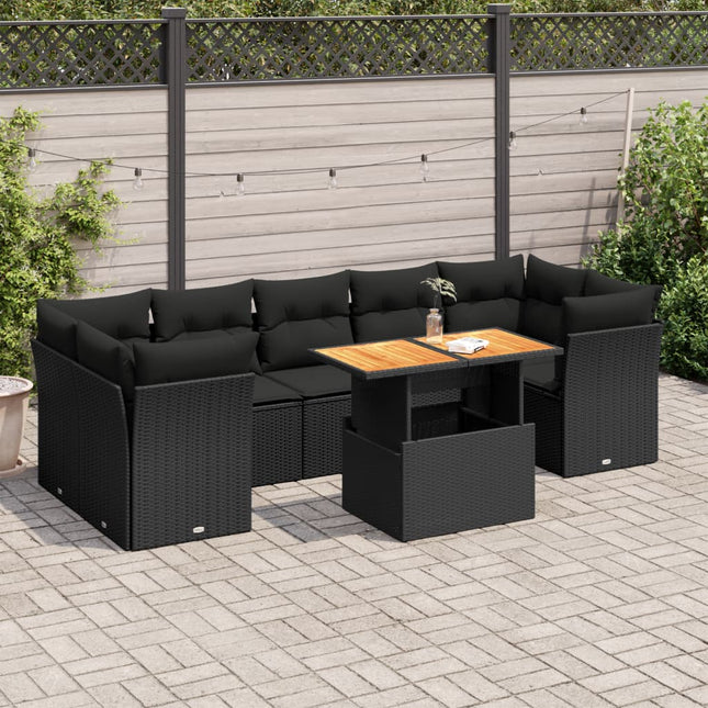 8-delige Loungeset met kussens poly rattan zwart