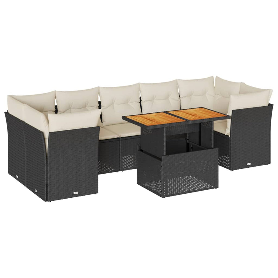 8-delige Loungeset met kussens poly rattan zwart