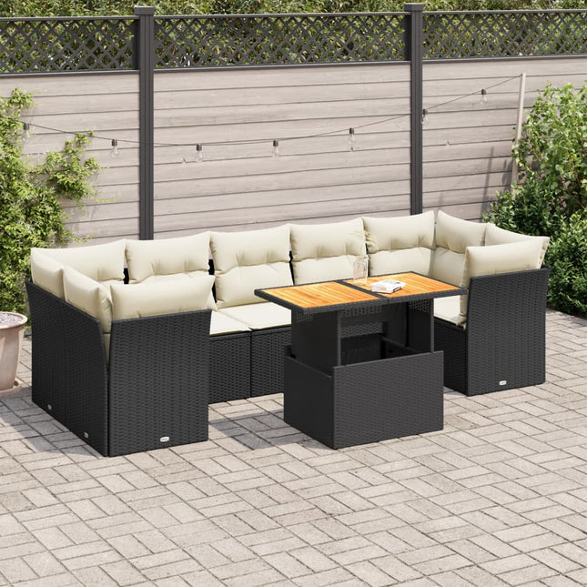 8-delige Loungeset met kussens poly rattan zwart