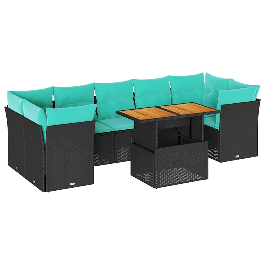 8-delige Loungeset met kussens poly rattan zwart