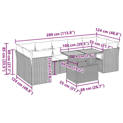 8-delige Loungeset met kussens poly rattan zwart