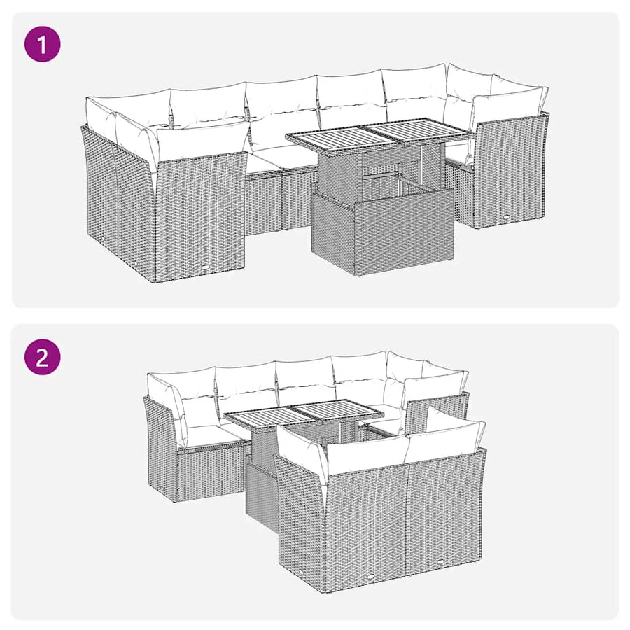 8-delige Loungeset met kussens poly rattan zwart