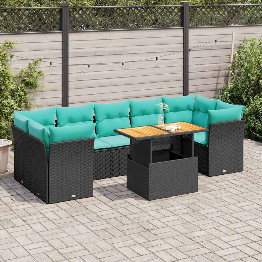 8-delige Loungeset met kussens poly rattan zwart