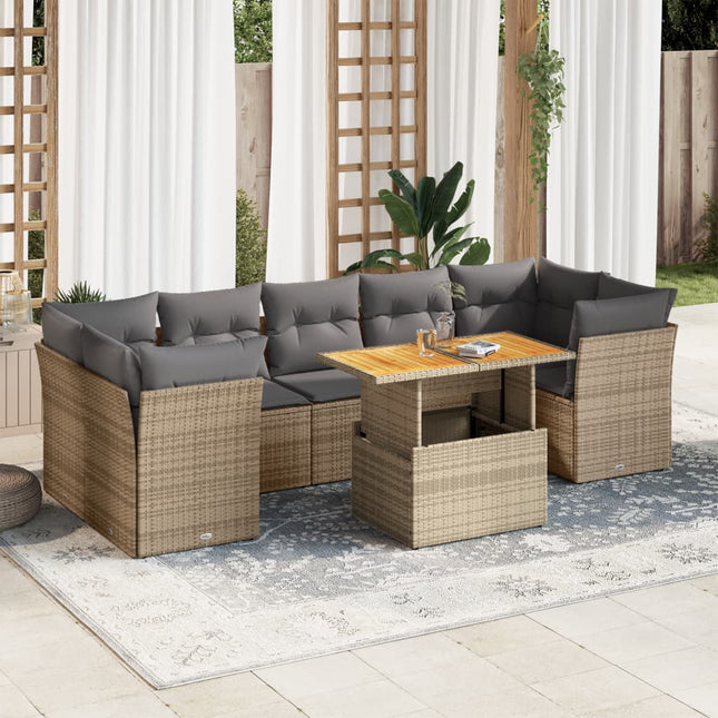 8-delige Loungeset met kussens poly rattan beige