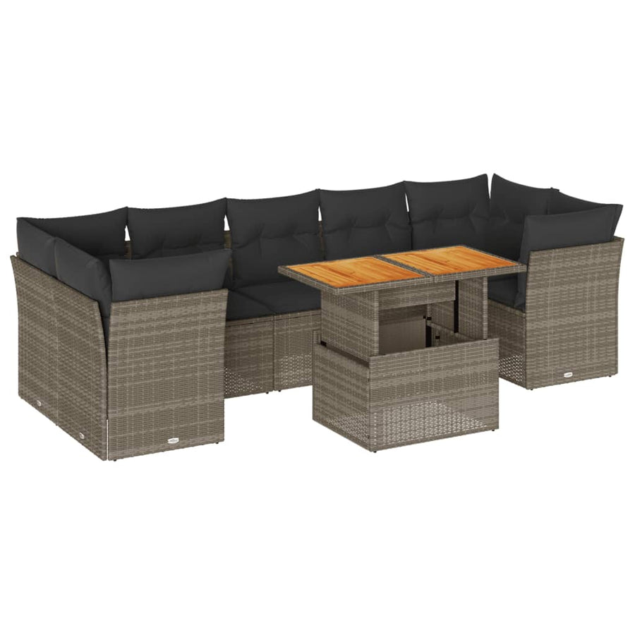 8-delige Loungeset met kussens poly rattan grijs