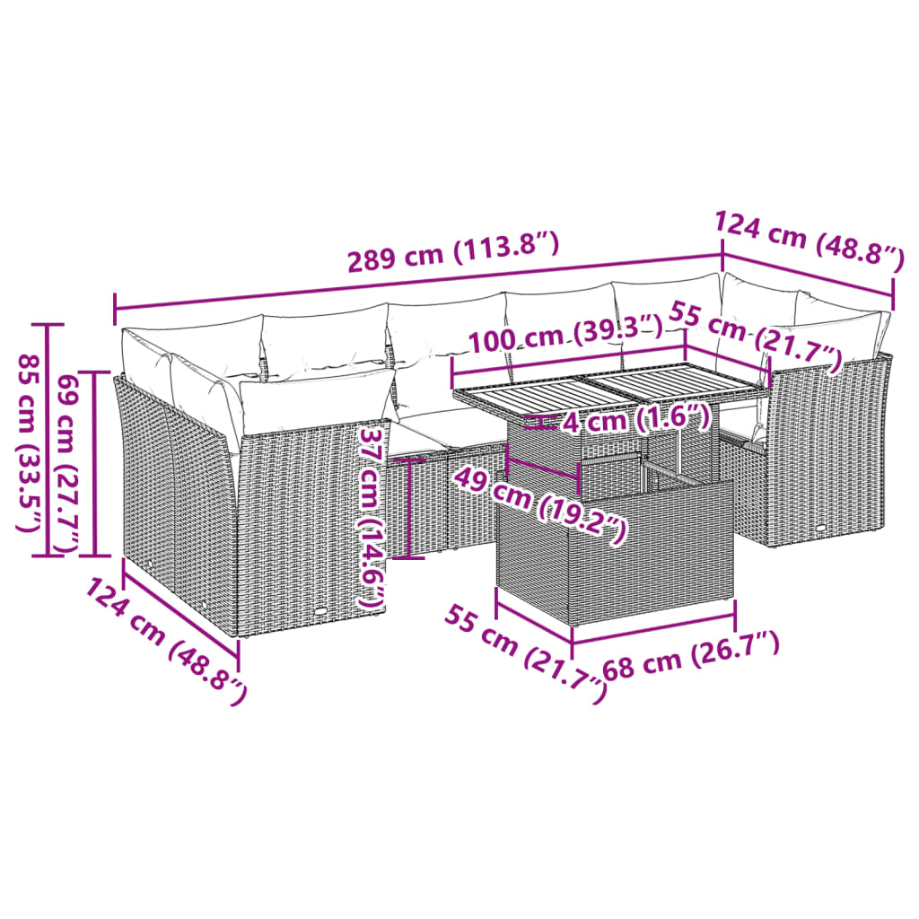 8-delige Loungeset met kussens poly rattan grijs