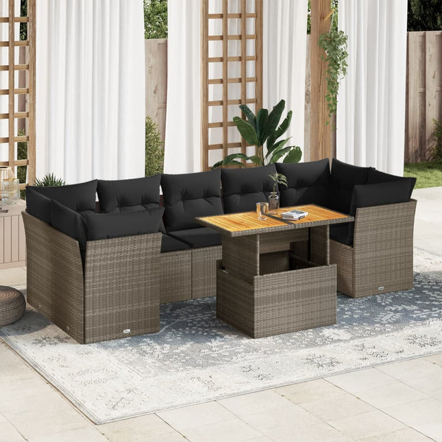 8-delige Loungeset met kussens poly rattan grijs