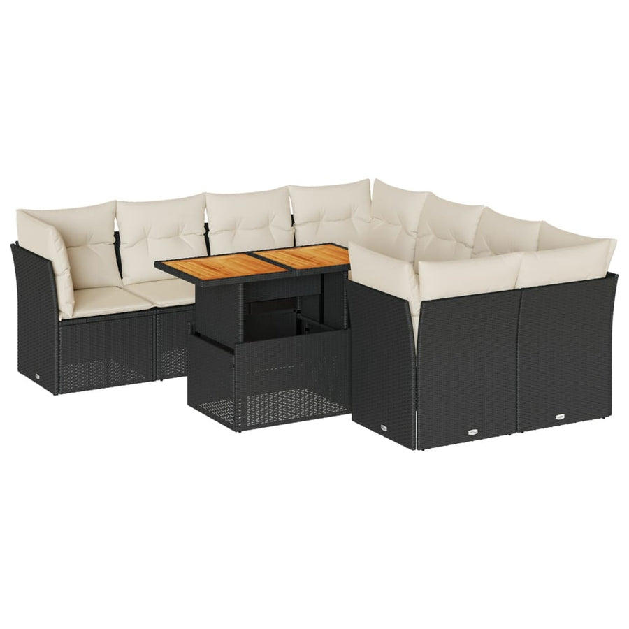 9-delige Loungeset met kussens poly rattan zwart