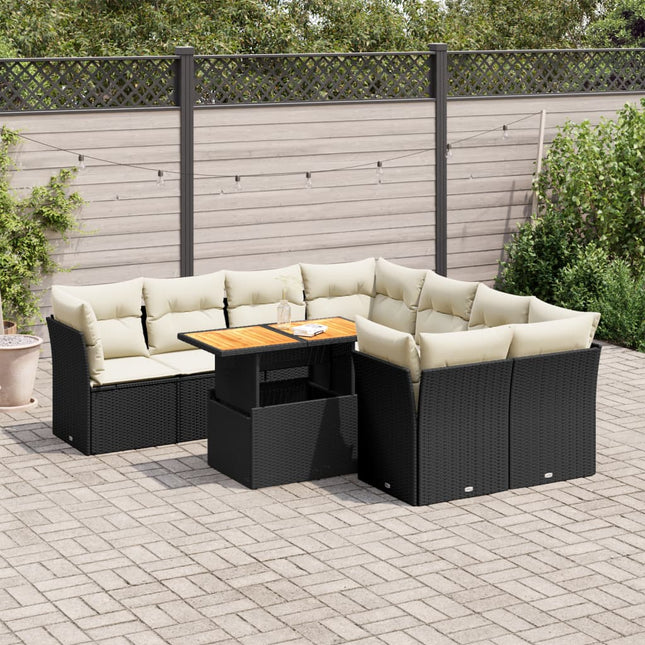 9-delige Loungeset met kussens poly rattan zwart