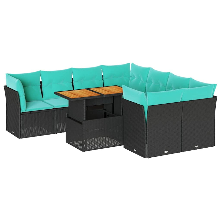 9-delige Loungeset met kussens poly rattan zwart