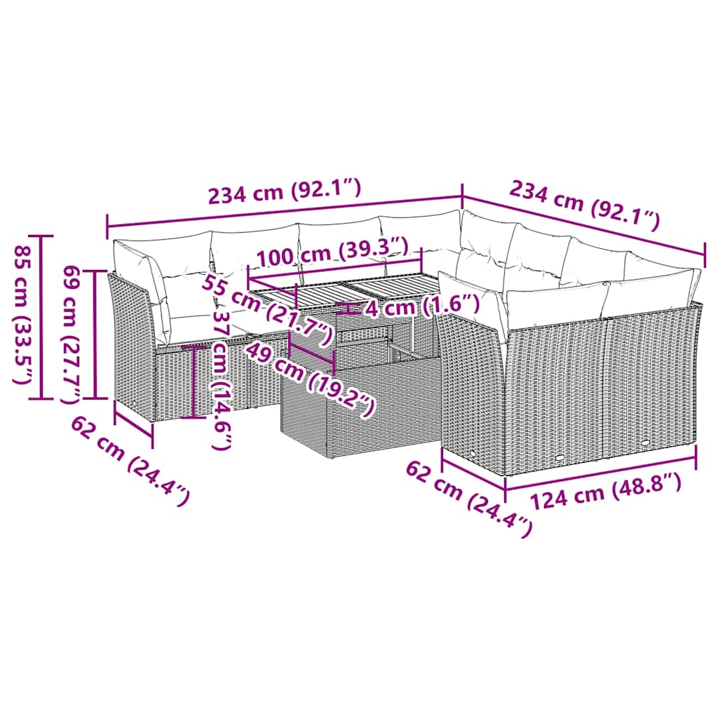 9-delige Loungeset met kussens poly rattan zwart