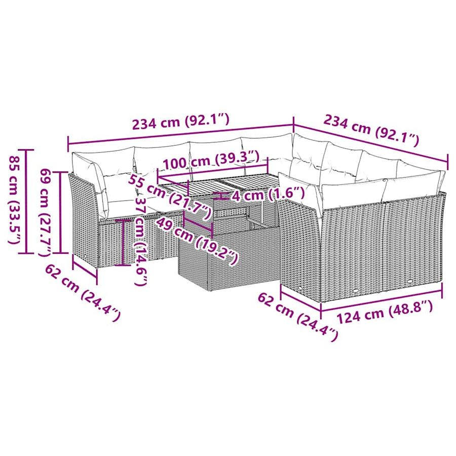9-delige Loungeset met kussens poly rattan zwart