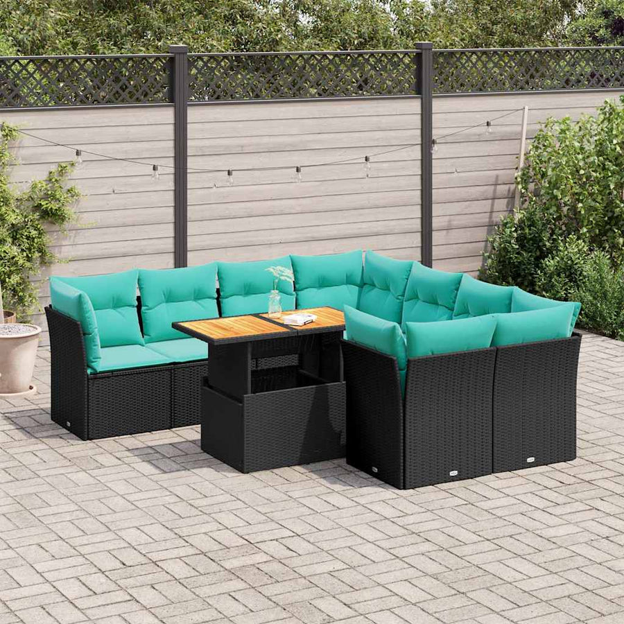 9-delige Loungeset met kussens poly rattan zwart
