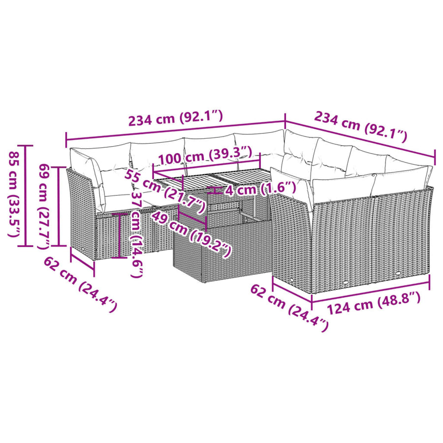9-delige Loungeset met kussens poly rattan beige