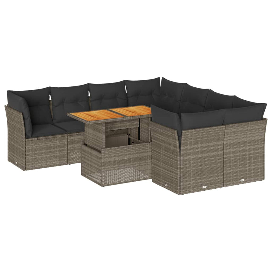 9-delige Loungeset met kussens poly rattan grijs